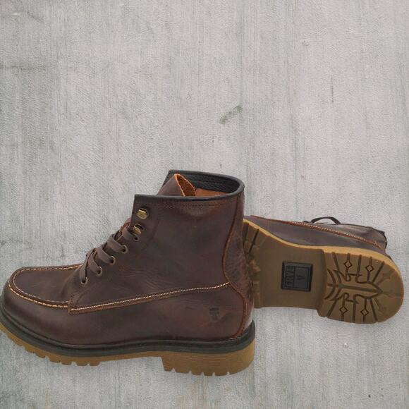 New Frye Pine Lug Work Boots Men’s 10.5 Brown Leather Moc Toe Lace-Up Rugged - Picture 1 of 10